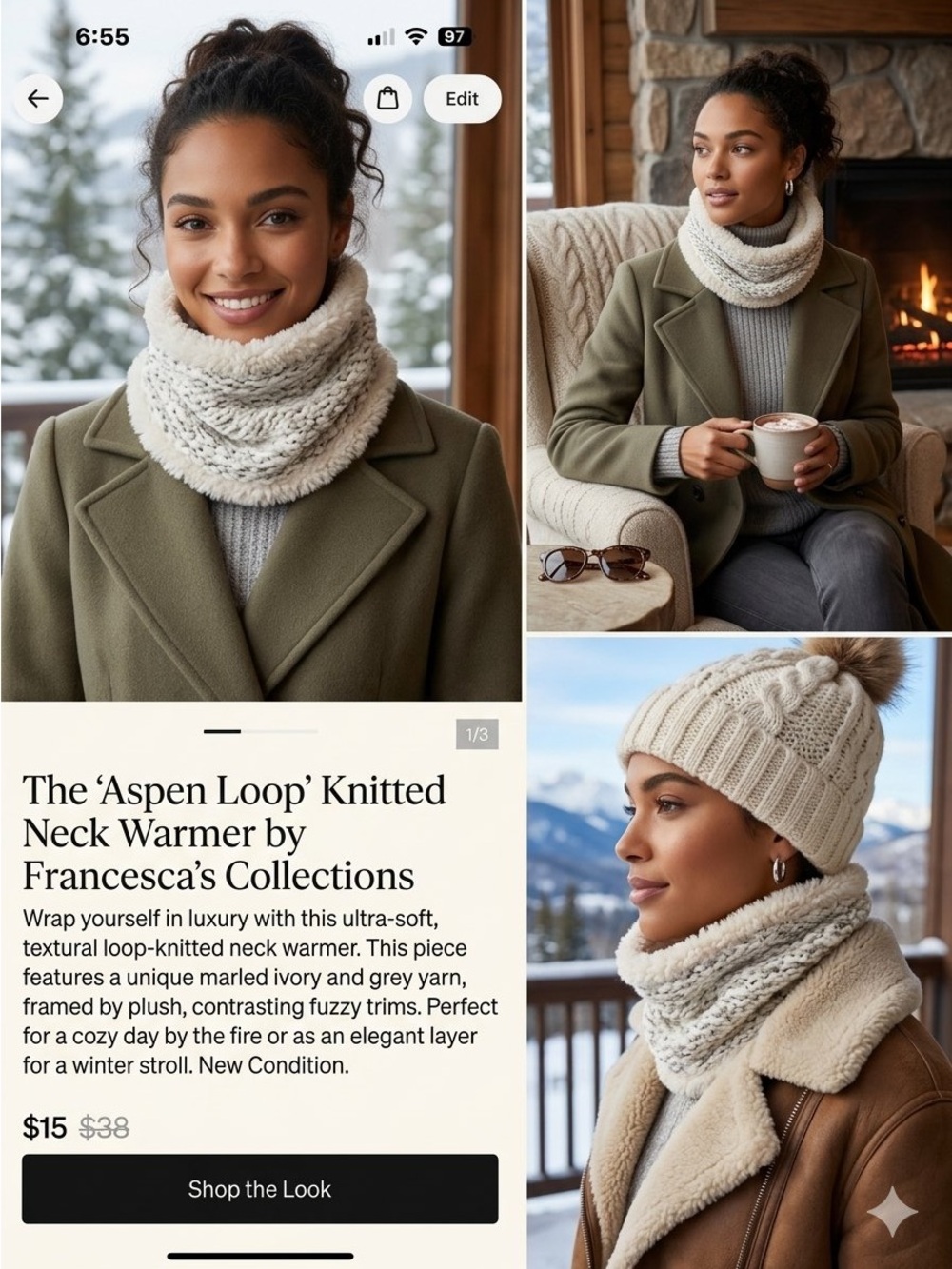 Francesca’s Ivory Loop Knitted Neck Warmer New